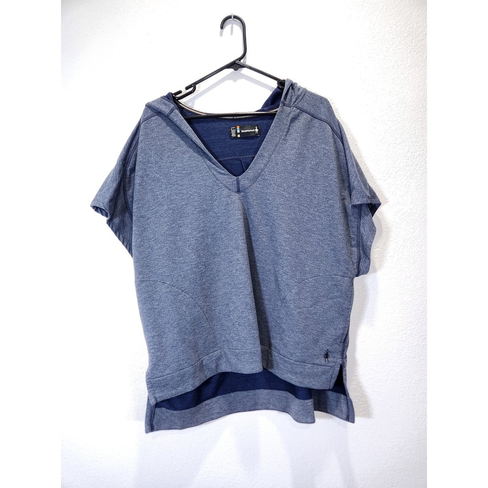 Smartwool Womens Merino Wool Blend Short Sleeve V-Neck Hoodie Blue Large
